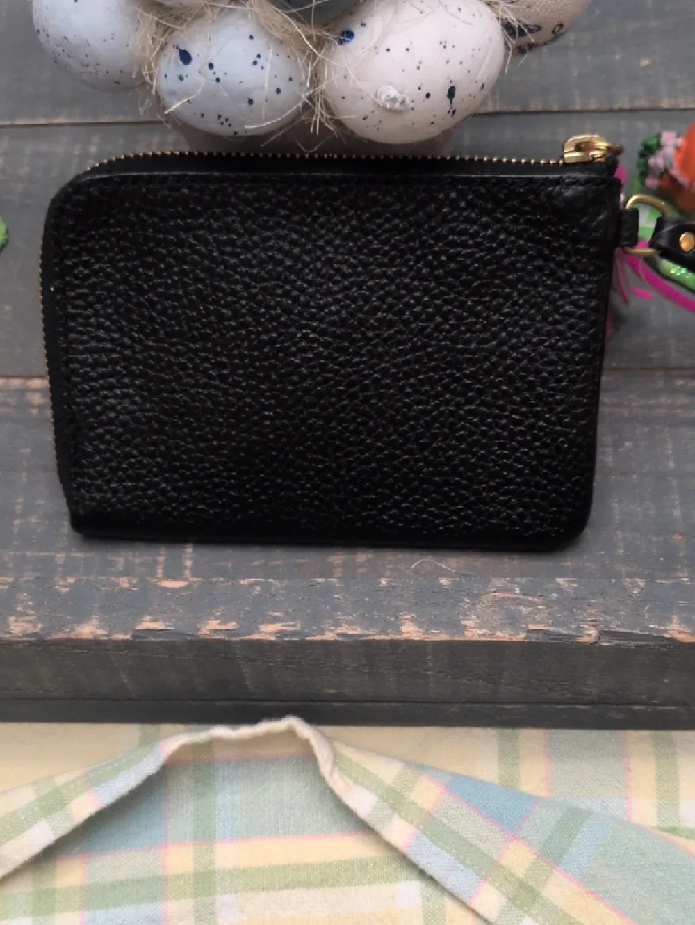 Fossil Black Tara Pebbled Leather Zip Pouch with Pink Tassel